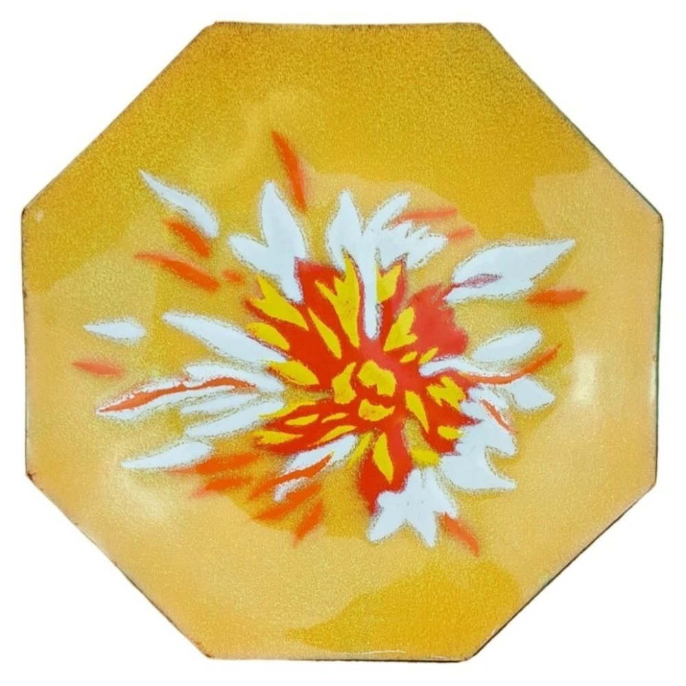 Annemarie Davidson Plate Enamel Copper Dish Star Flower Octagon Signed Orange